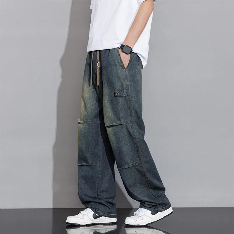 Washed denim wide-leg cargo pants unisex relaxed fit with drawstring waist for everyday wear