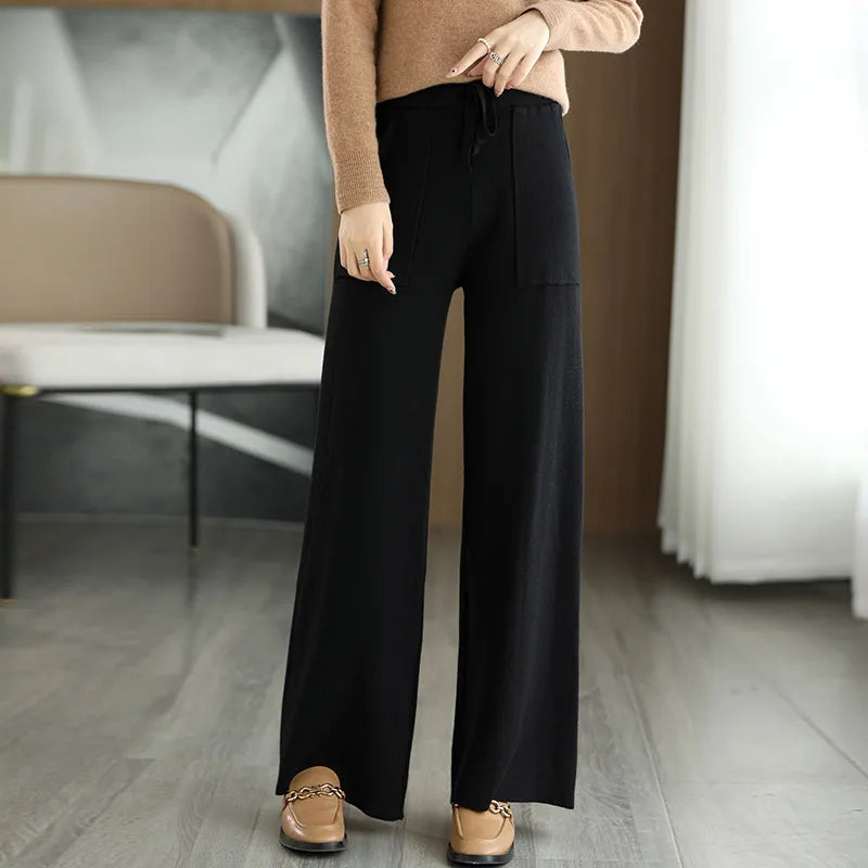 Women's high waisted wide leg wool pants, cozy elegant fit in soft breathable 100% pure wool fabric