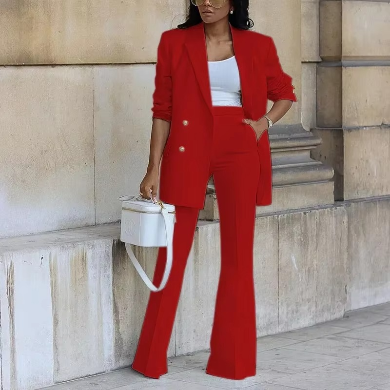 Women's black buttoned blazer and flared pants two-piece set, structured fit for work to evening