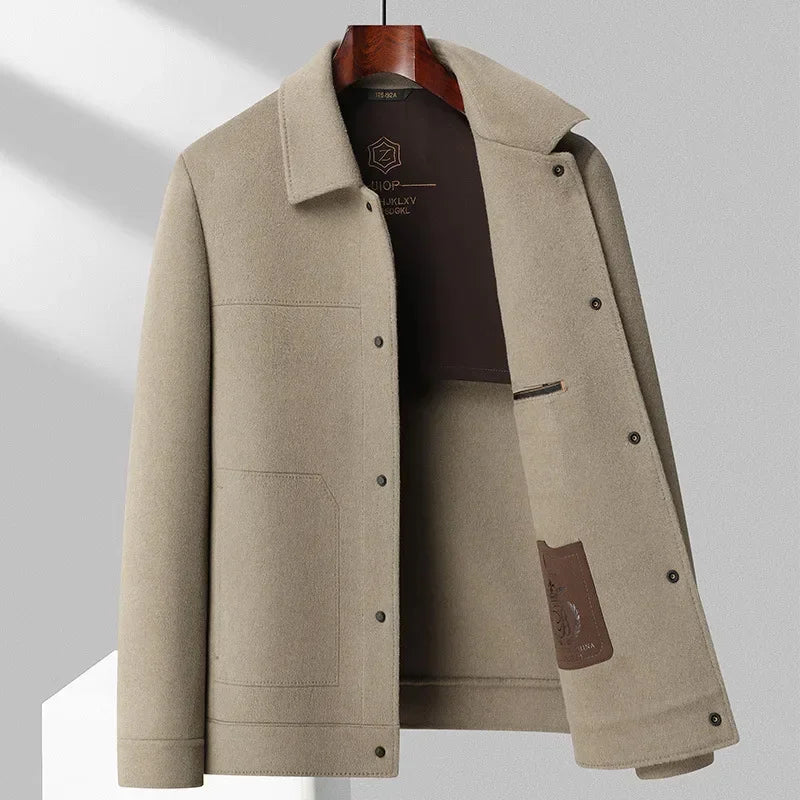 Men's tailored wool blend jacket refined double-sided finish sharp silhouette versatile outerwear