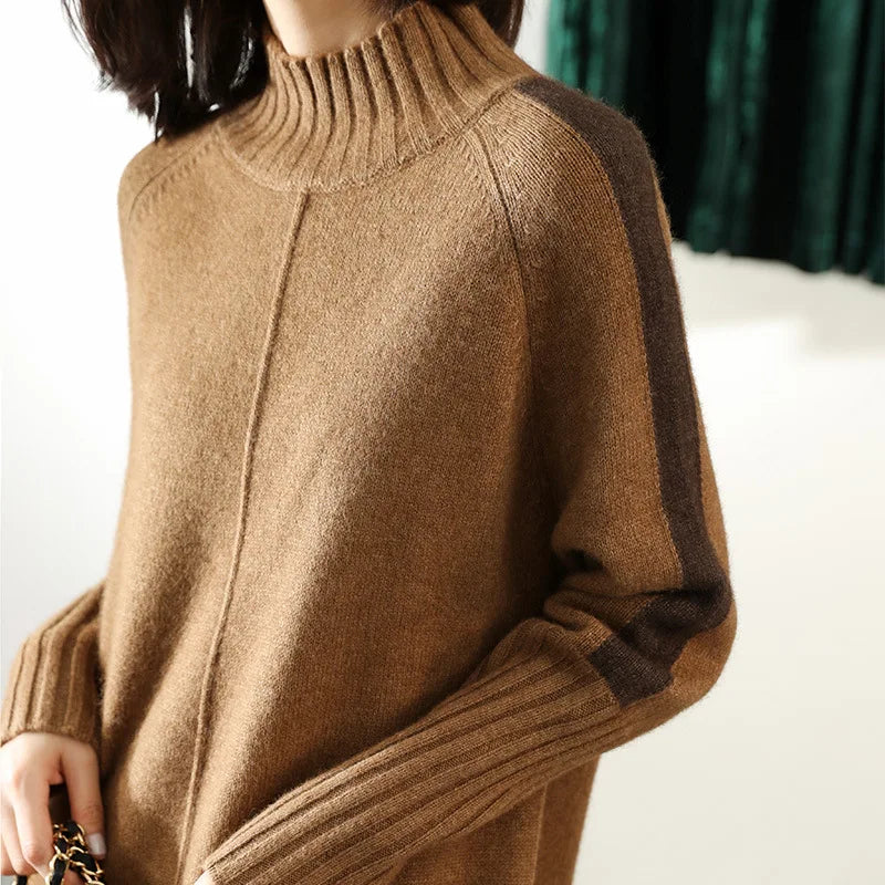 Women's oversized turtleneck knit sweater dress in cozy casual chic style with relaxed fit