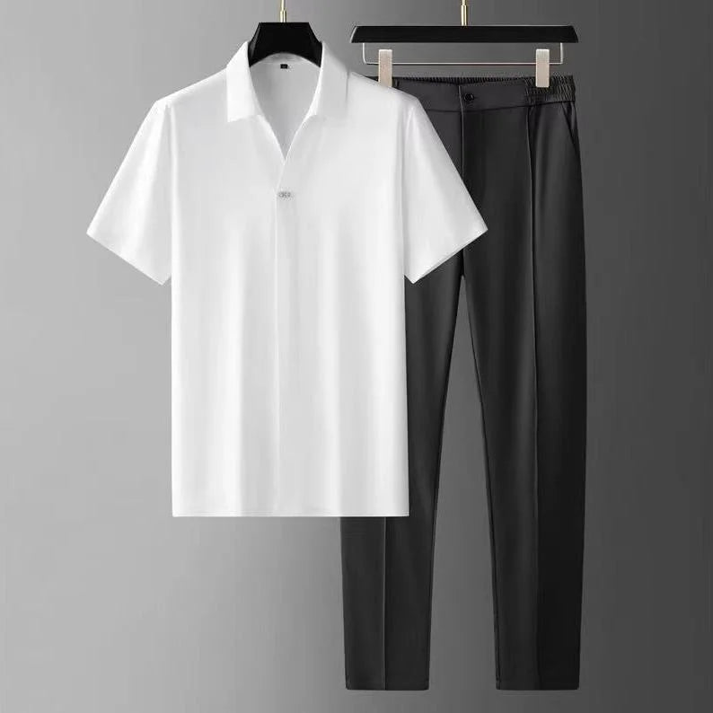 Men's navy blue slim-fit dress pants set with minimalist design for polished everyday wear