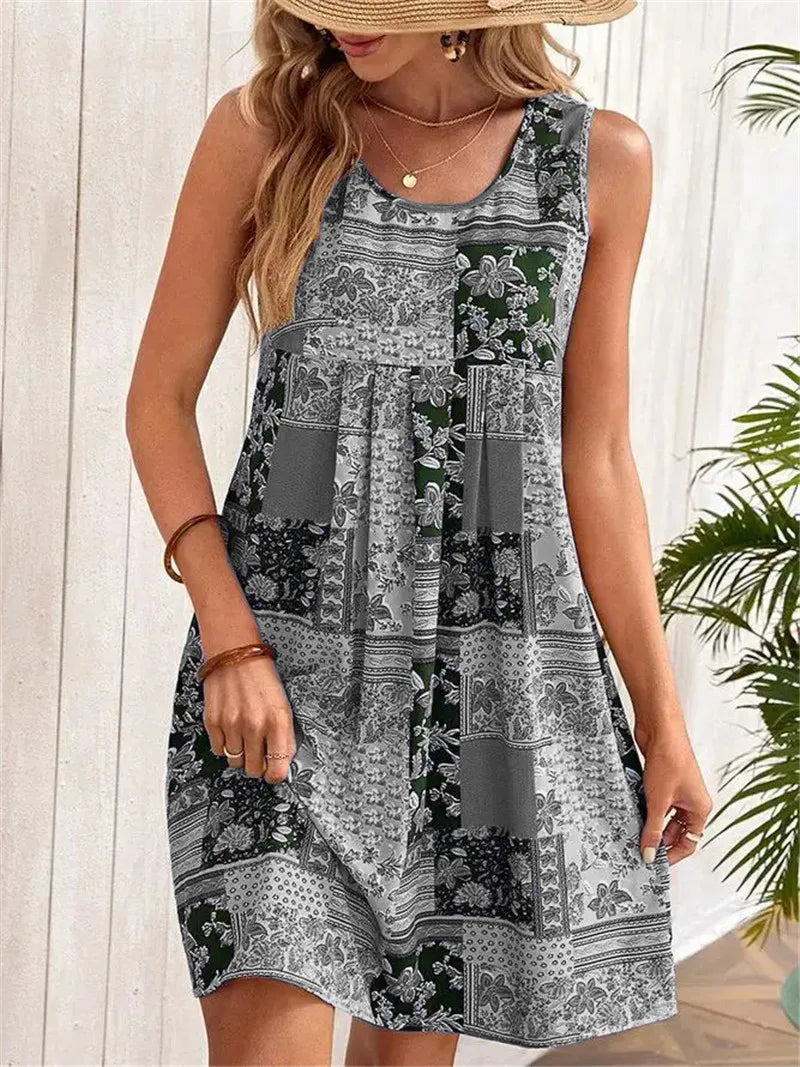 Women's sleeveless A-line dress in soft woven fabric, breezy scoop neckline summer travel style