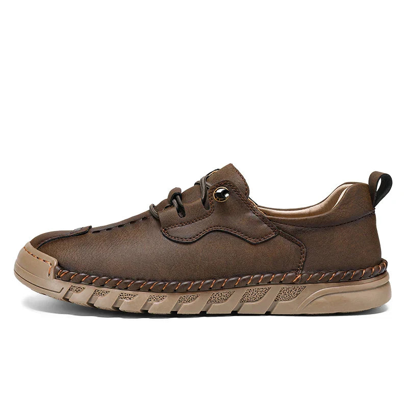 Men's brown split leather cross country sneakers with breathable vamp and cushioned non-slip sole