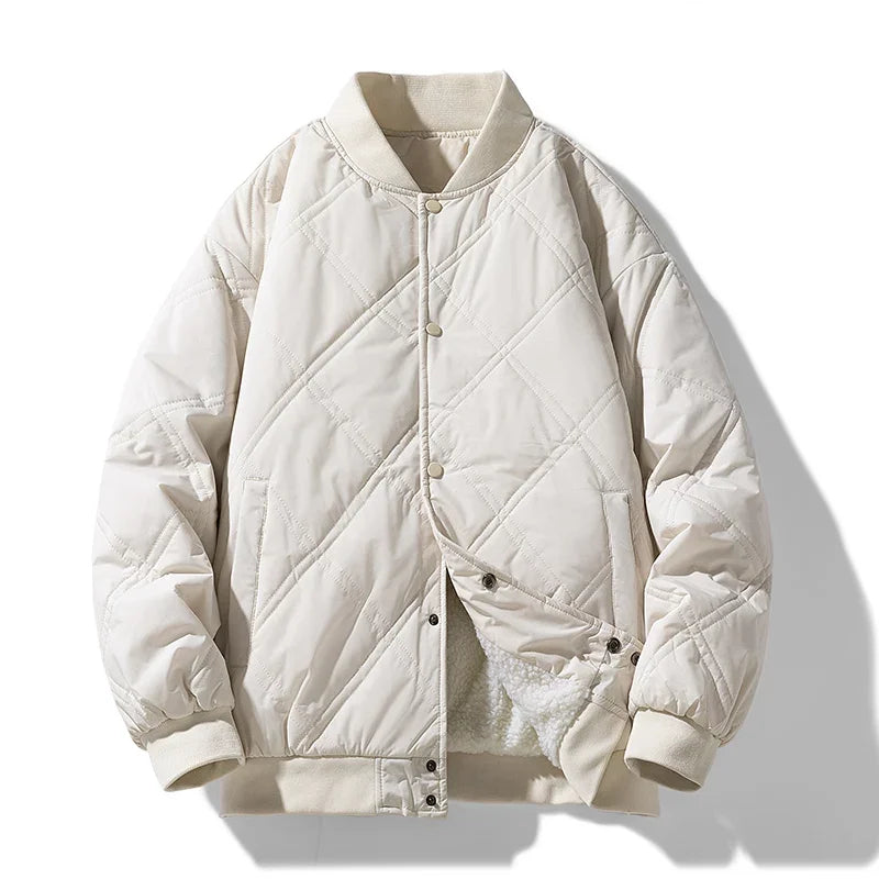 Men's black diamond quilted bomber jacket with fleece lining, snap pockets, and insulated warmth