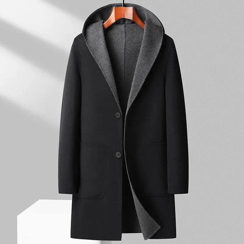 Reversible wool overcoat mid-length hood two-tone professional casual outerwear versatile business coat