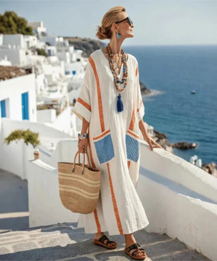 Striped v-neck maxi dress women lightweight relaxed fit vacation-ready style with pockets