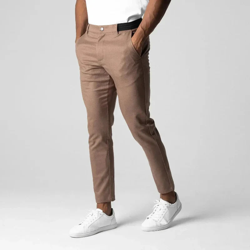 Men's tapered cotton pants flat front breathable stretch slim silhouette all-season casual