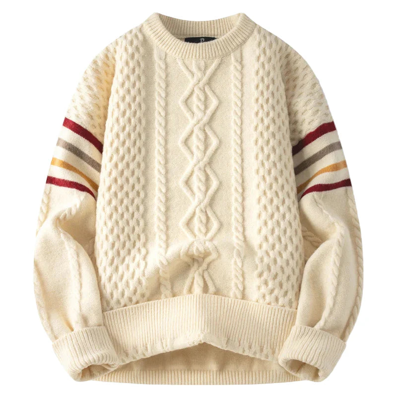 Women's cream cable knit sweater with contrasting striped sleeves, cozy textured pullover modern fit