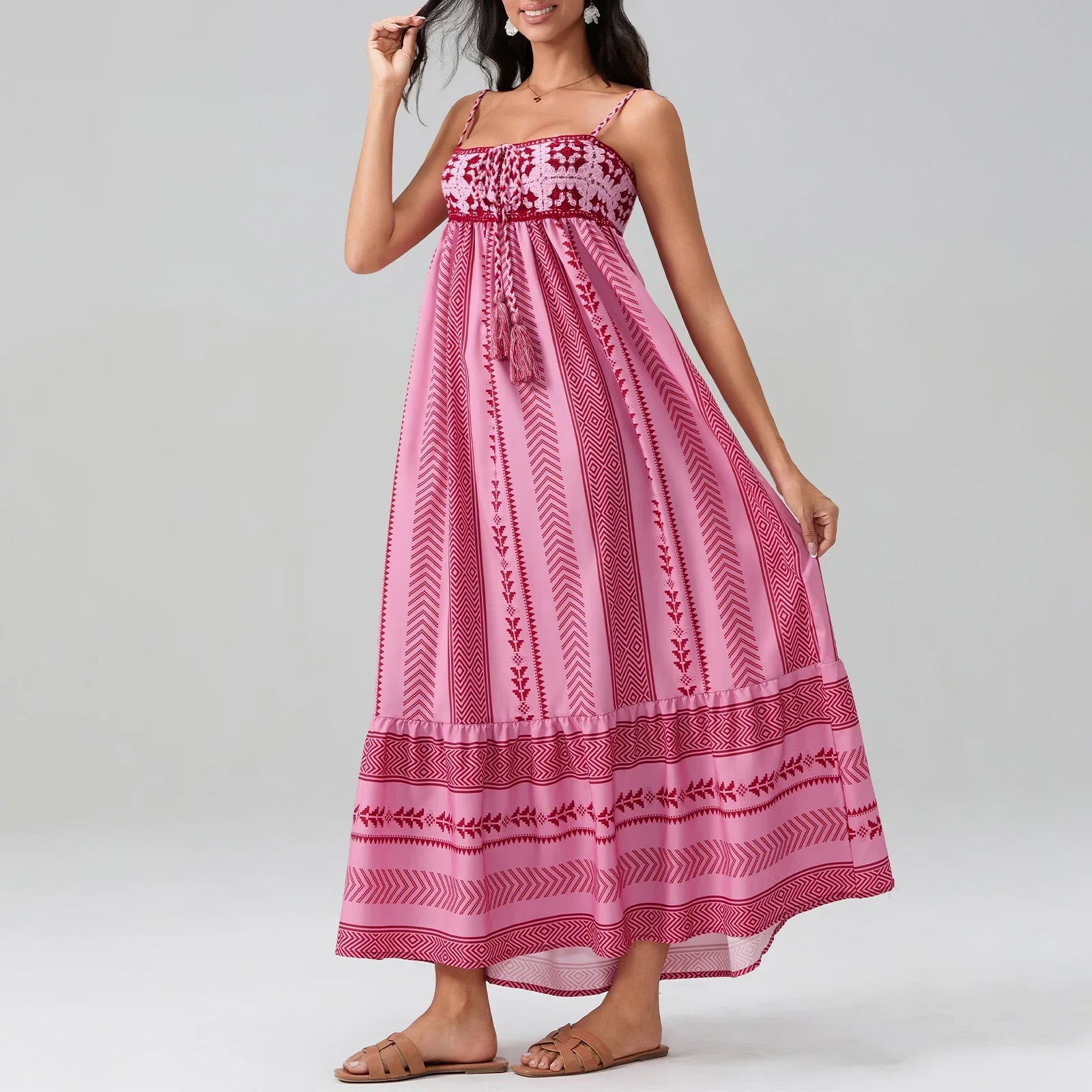 Bright pink maxi sundress with crocheted smocked bodice, lightweight breathable polyester summer style