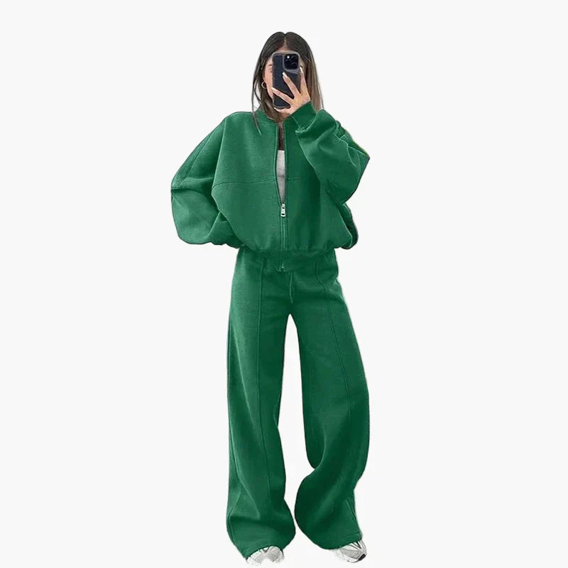 Women's oversized two-piece suit wide pants zip-up jacket casual streetwear urban style