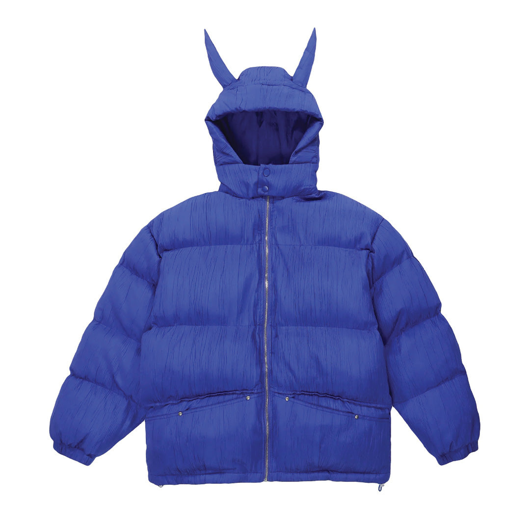 Black horned hooded puffer coat with thick padding and secure face guard for extreme cold weather
