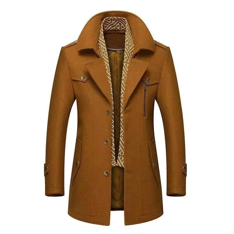 Men's charcoal wool blend mid-length winter overcoat with scarf collar and padded insulation