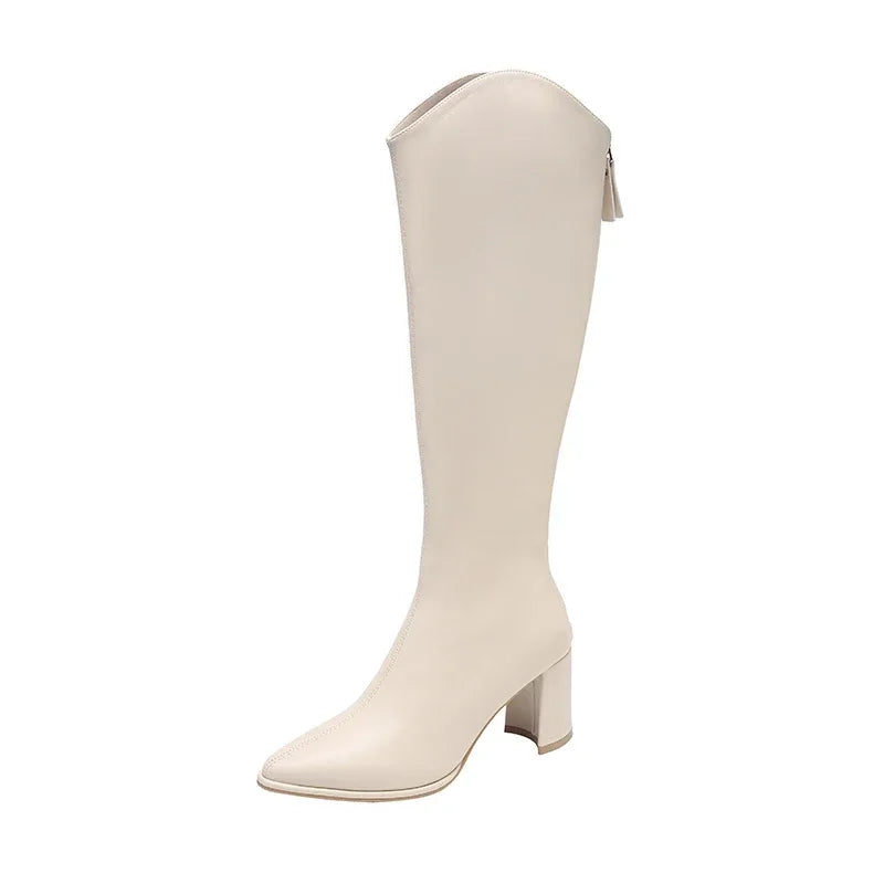 Women's black knee-high heeled boots sleek silhouette mid-height comfortable heel elegant style