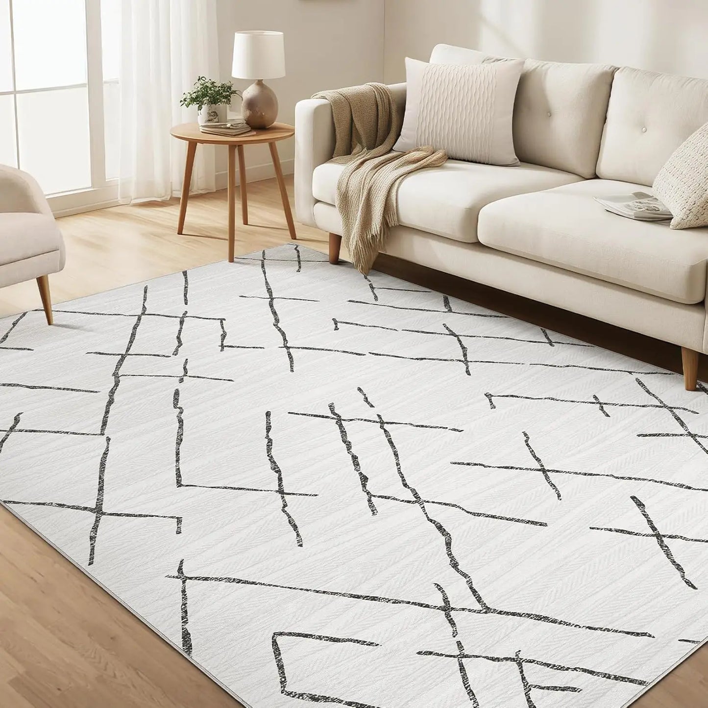 Washable Moroccan geometric boho farmhouse indoor rug, non-slip large area rug for bedroom and dining