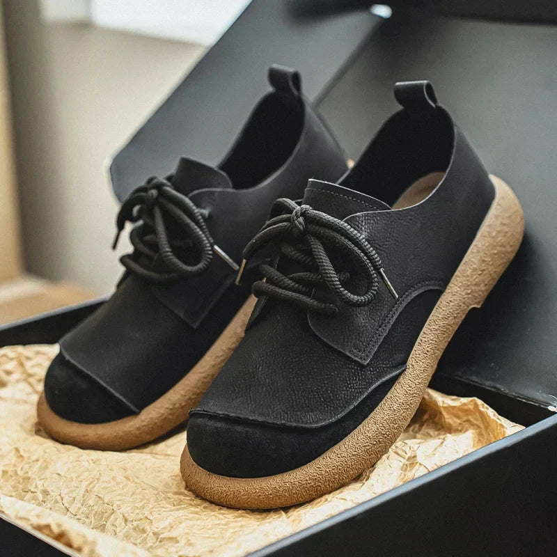 Men's distressed leather shoes with soft lining, reinforced stitching, rubber sole, rugged timeless style