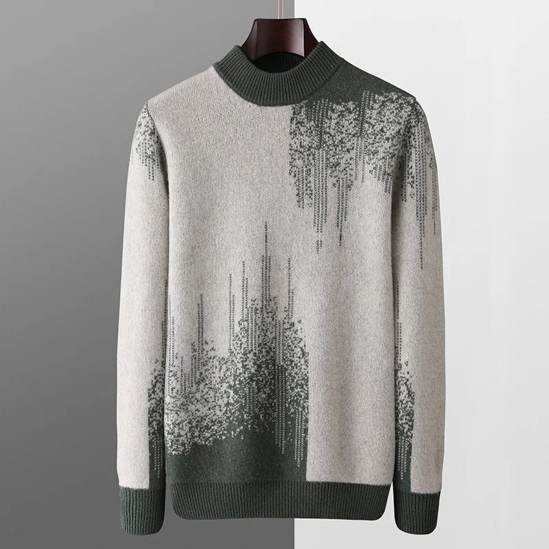 Modern abstract knit sweater with ribbed high neckline, subtle gradient pattern, and sleek tailored silhouette
