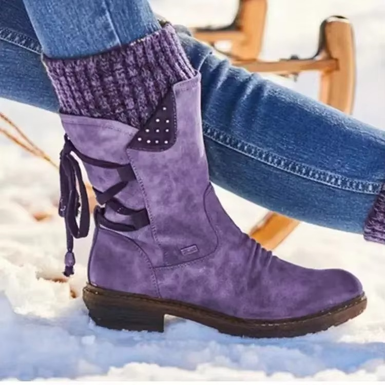 Women's brown faux suede mid-calf winter boots with plush fleece lining and slip-resistant sole
