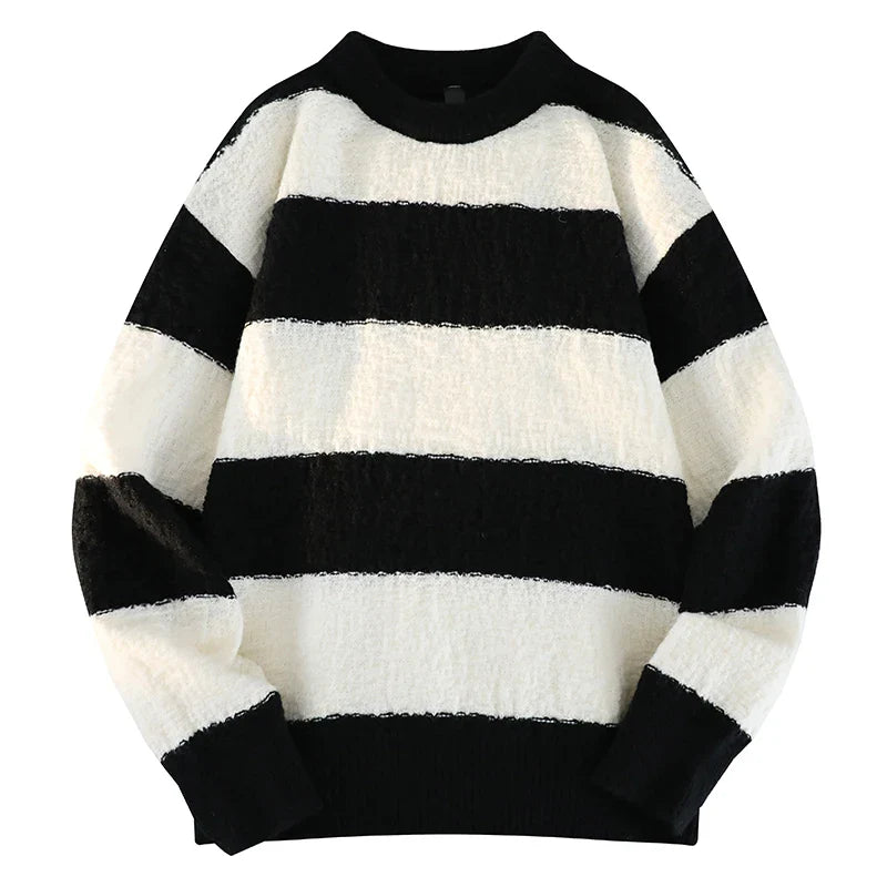 Black and white broad stripe knit sweater, oversized relaxed fit streetwear layering essential for men