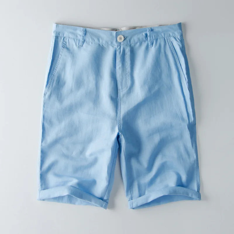 Men's cotton linen relaxed fit knee length shorts with pockets, breathable Nordic casual summer style