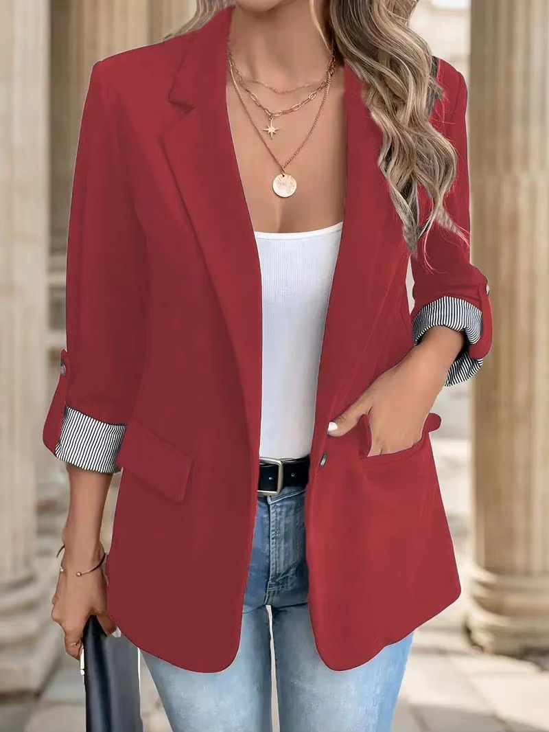 Women slim fit casual blazer with rolled sleeves and button front, polished office style