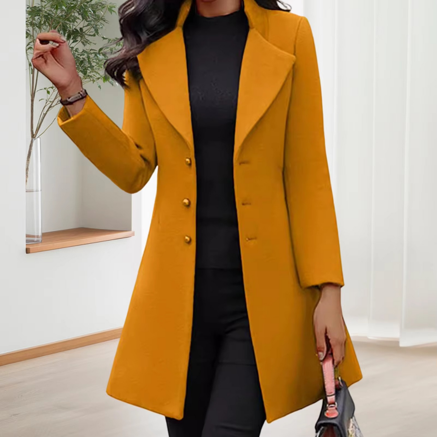 Women's mid-length slim fit wool coat single-breasted winter jacket tailored silhouette