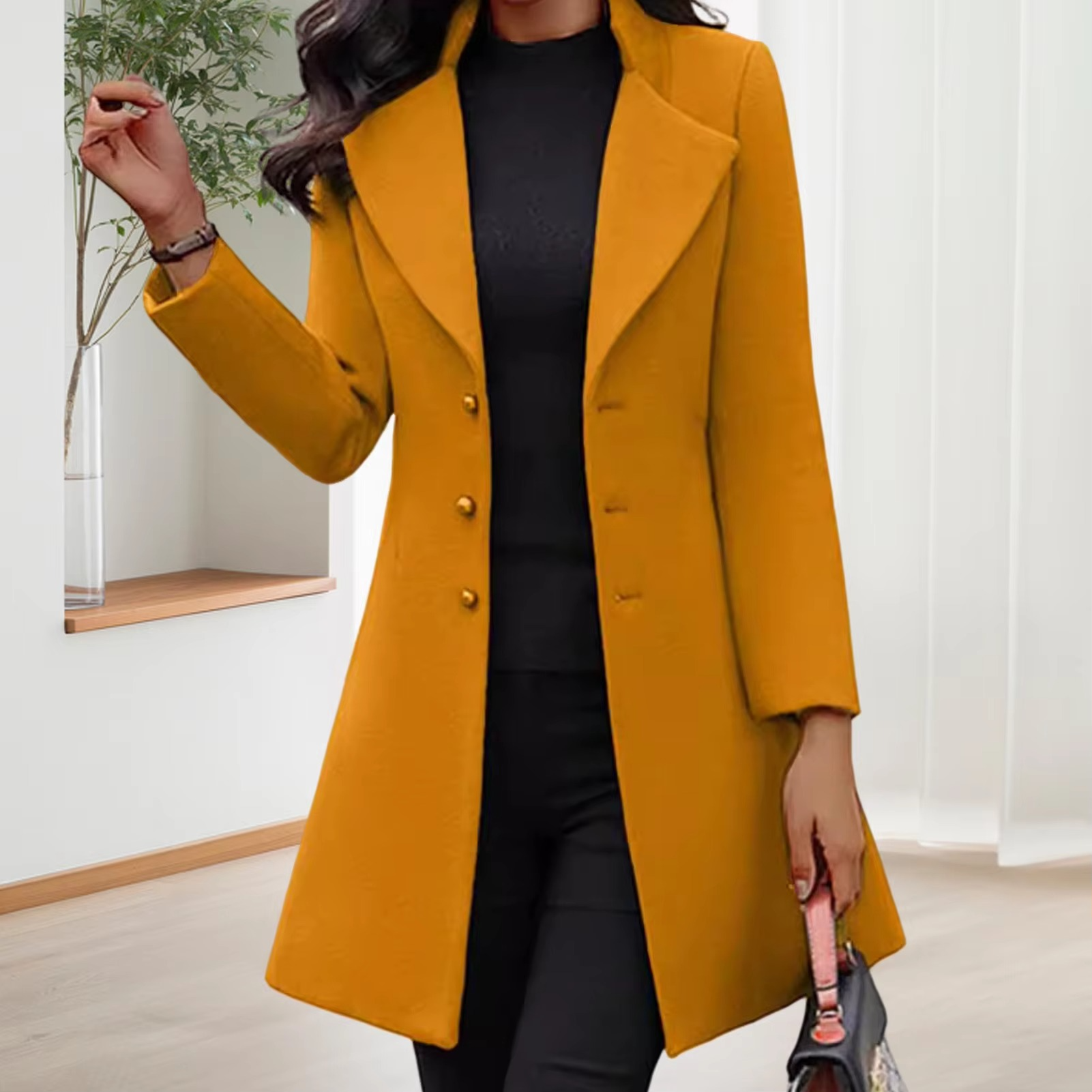 Women's mid-length slim fit wool coat single-breasted winter jacket tailored silhouette
