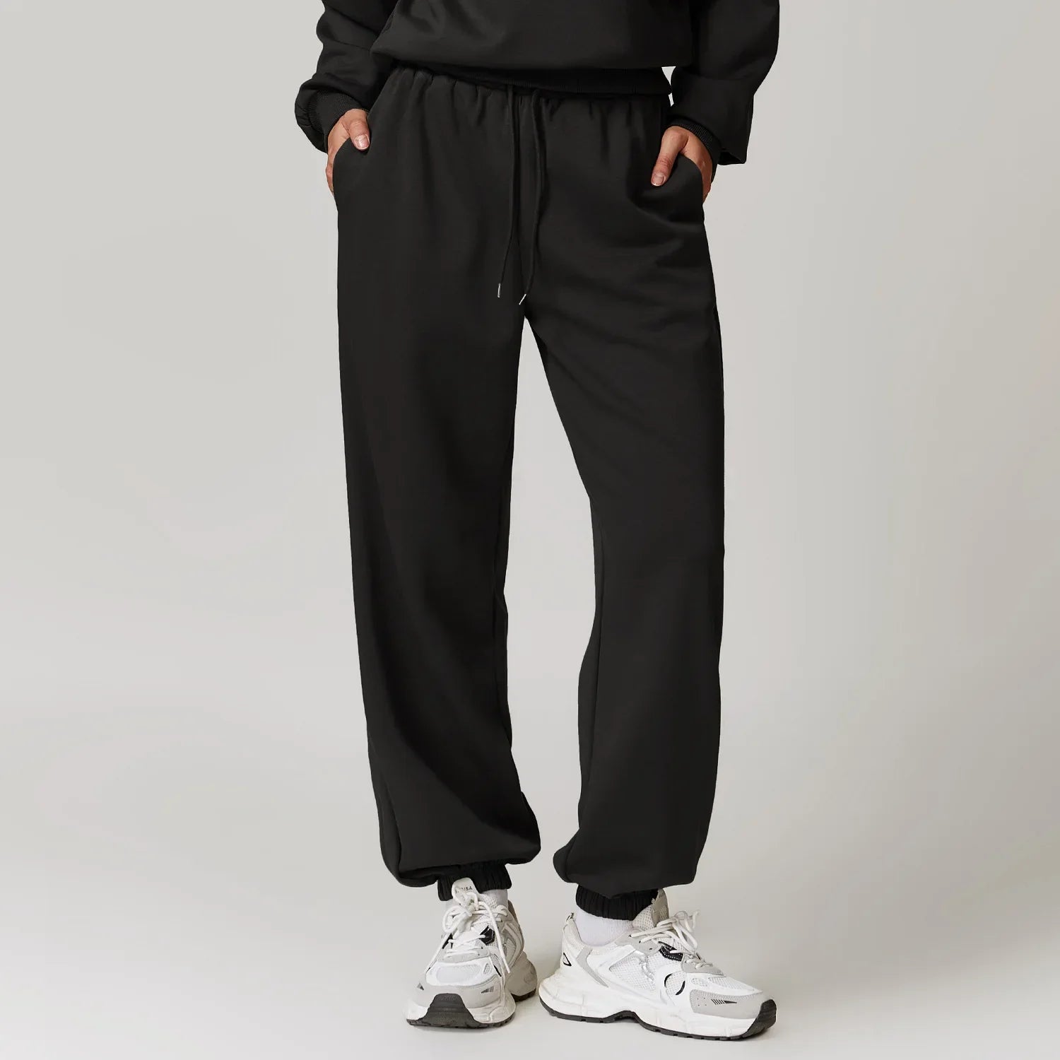 Women's black straight-leg yoga sweatpants cotton-spandex blend, versatile workout-to-lounge comfort fit