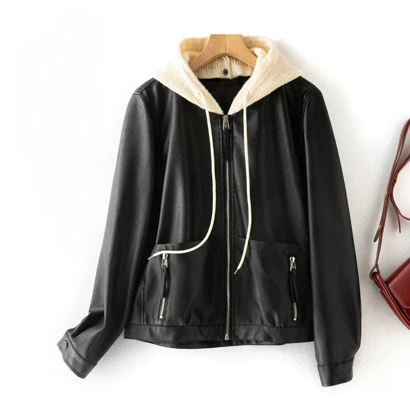 Women's black relaxed fit leather hooded jacket with functional hood and smooth leather-look finish