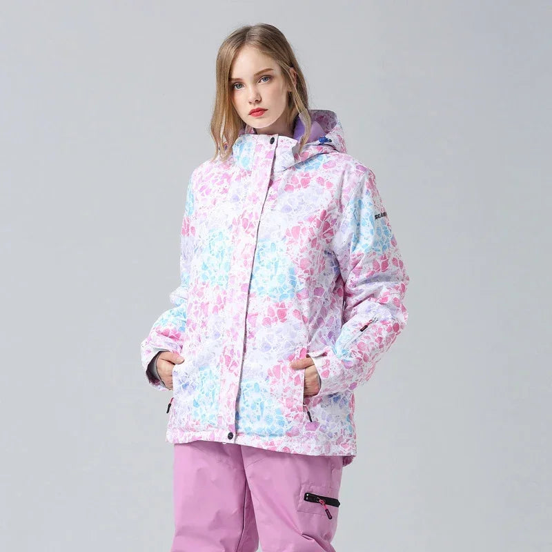 Women's floral winter ski jacket structured fit feminine style warm outdoor snow coat