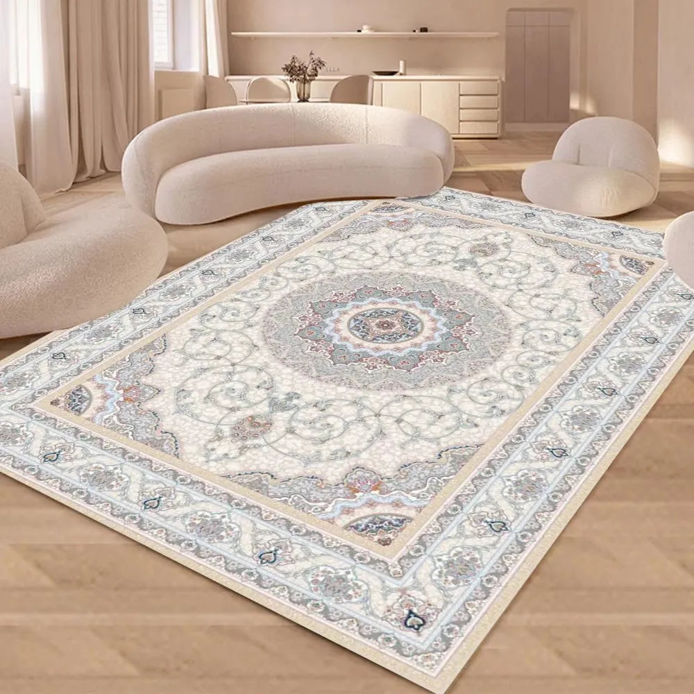 European luxury floral area rug in soft flannel, non-slip large floor mat for living room bedroom