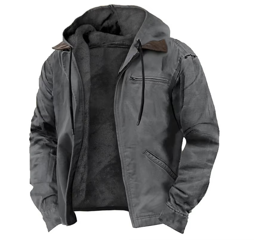 Men's winter fleece hooded jacket with warm lining, full-length zipper, and zipper pockets for outdoor wear