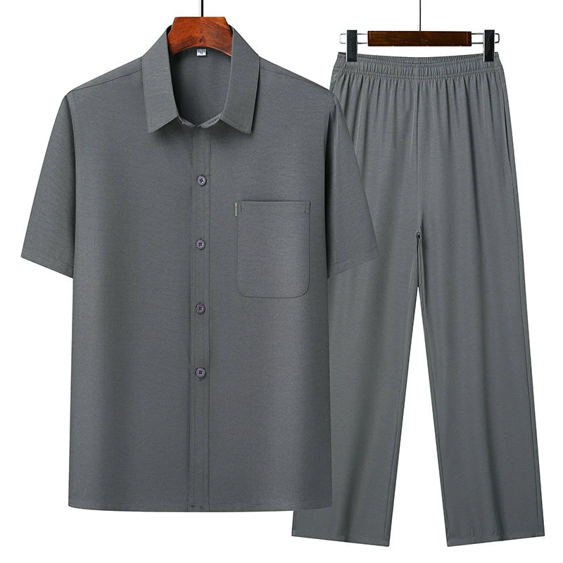 Men's beige lapel collar short-sleeve top and loose pants breathable summer matching set