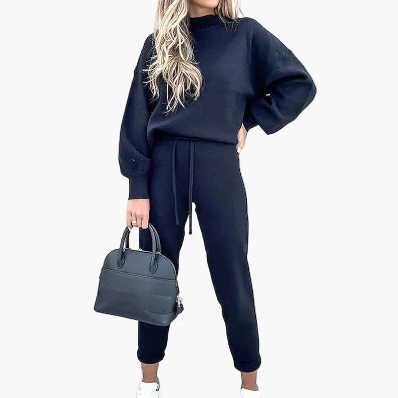 Women's casual two-piece set featuring wide-leg pants and long-sleeve shirt in relaxed streetwear style