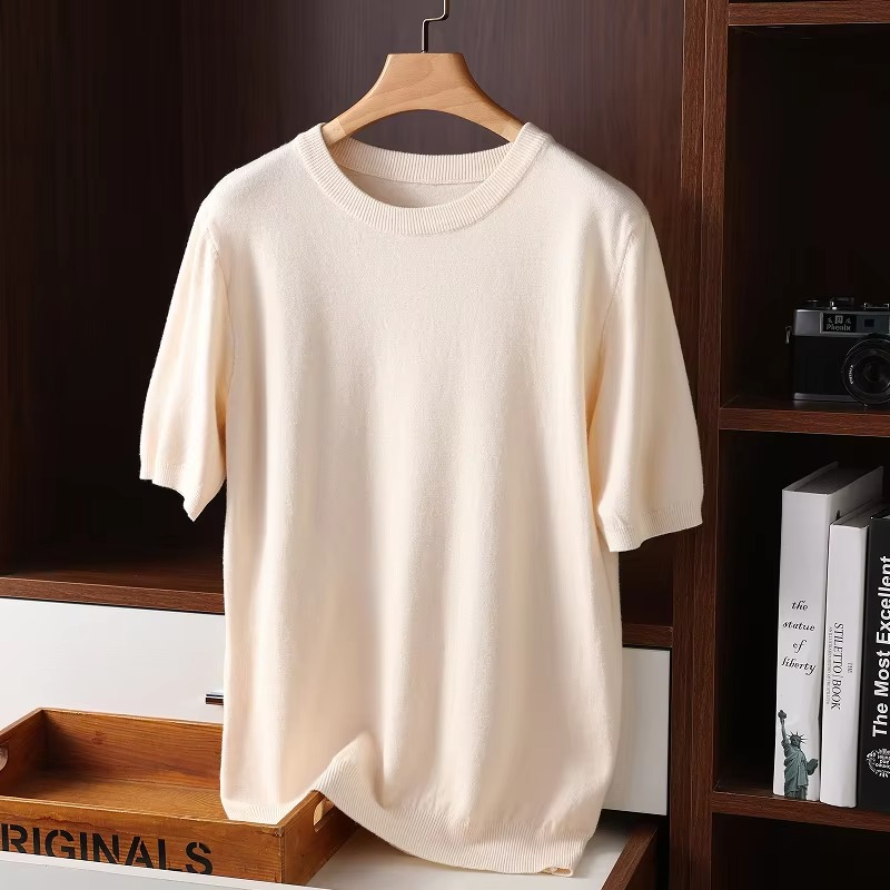 Men's ivory cashmere short-sleeve O-neck sweater, lightweight fine-knit luxury pullover with clean minimal design