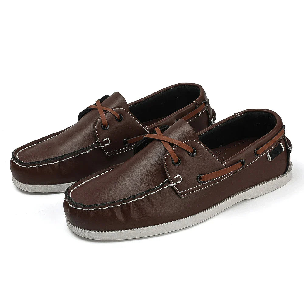 Men's two-tone navy synthetic leather boat shoes slip-on with cushioned EVA foam sole