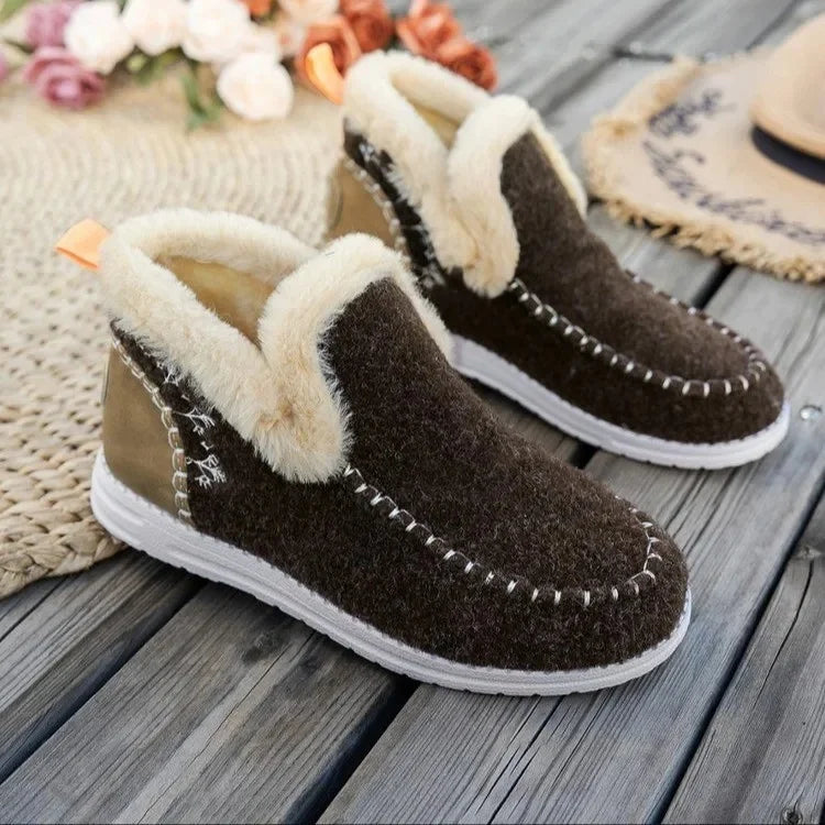 Women's ankle boots felt-like texture plush faux fur lined cozy casual fit with stitched trim