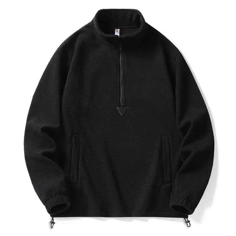 Men's gray fleece mock neck zip sweater windproof breathable single-layer outdoor pullover