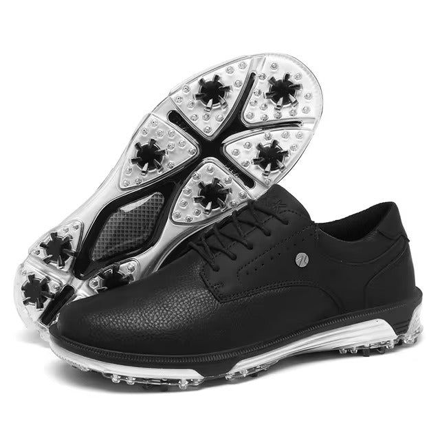 Men's leather golf shoes wide fit spiked cleats waterproof breathable stable traction tan brown