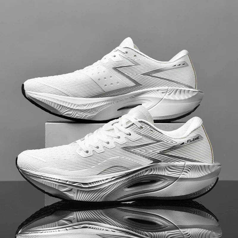 Men's gray and black lightweight running sneakers with carbon plating and moisture-wicking mesh upper