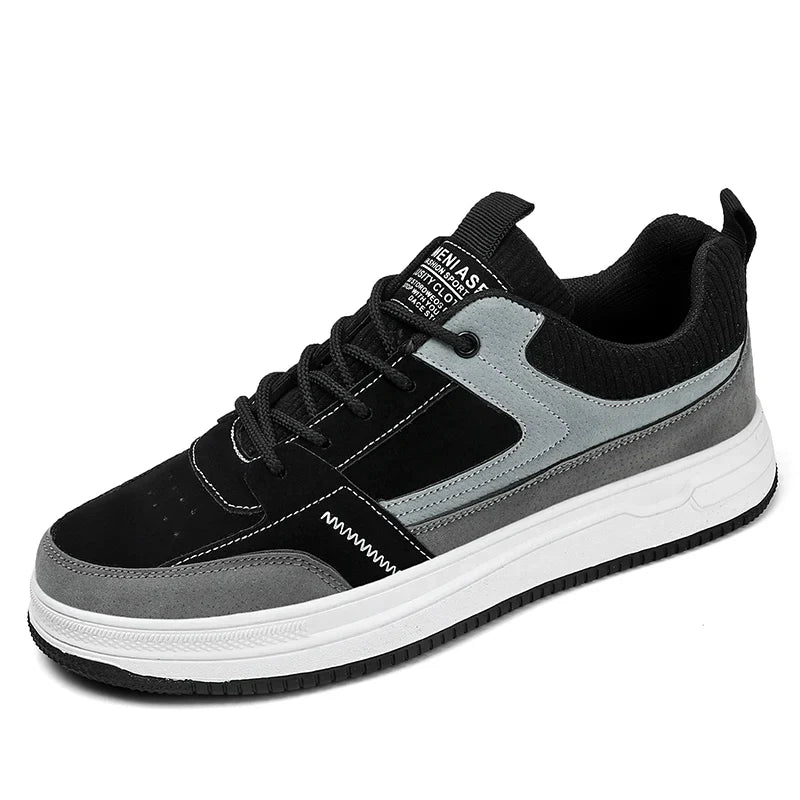 Men's patchwork sneaker with suede and knit panels, retro streetwear style, cushioned rubber outsole