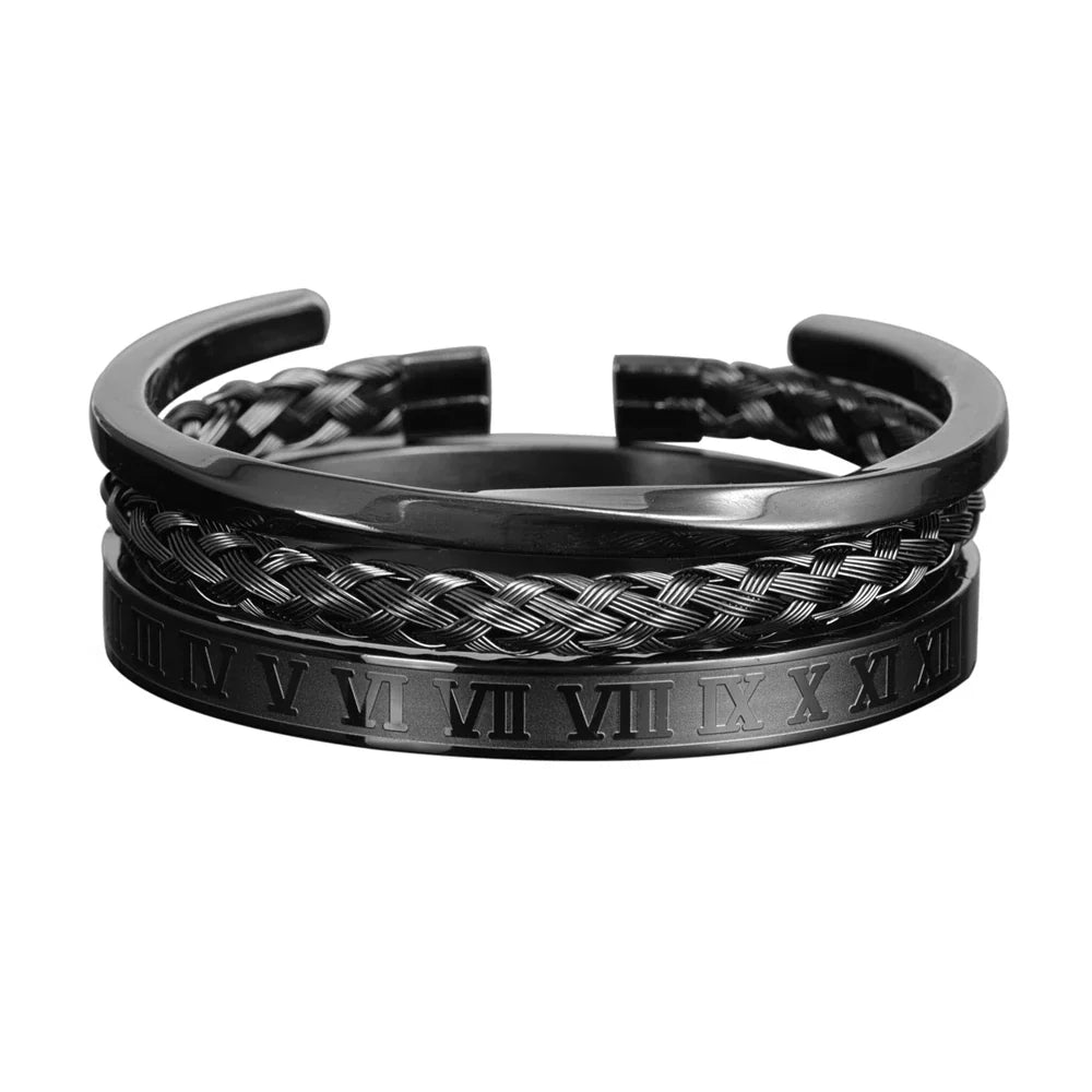 Men's three-piece bracelet set with braided texture, open-ended silhouette, and engraved polished finish