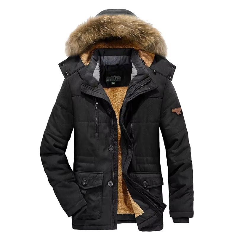 Men's winter parka jacket with thick fleece lining, wind-blocking shell, rugged cold-weather fit