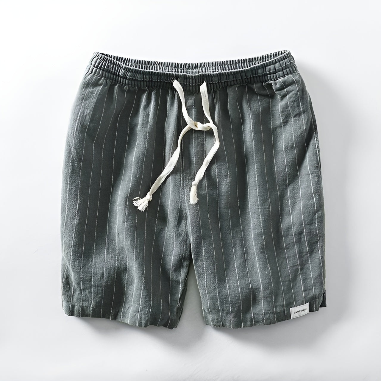 Men's beige cotton linen pinstripe shorts relaxed fit adjustable drawstring breathable summer comfort