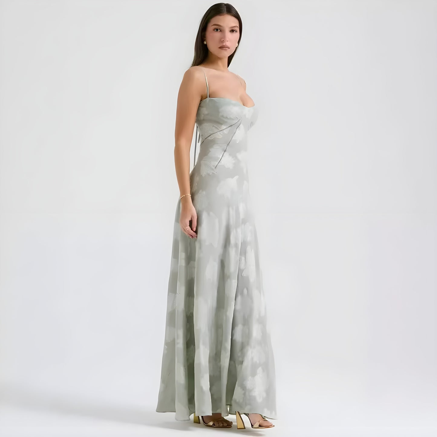 Elegant floral jacquard maxi dress with structured sweetheart bodice in soft neutral lace bridal guest style