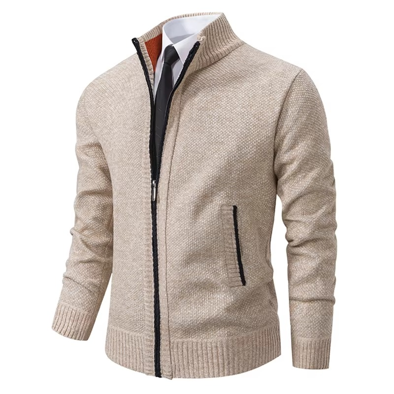 Men's fleece lined stand collar zip cardigan, warm cozy winter jacket for versatile fall layering