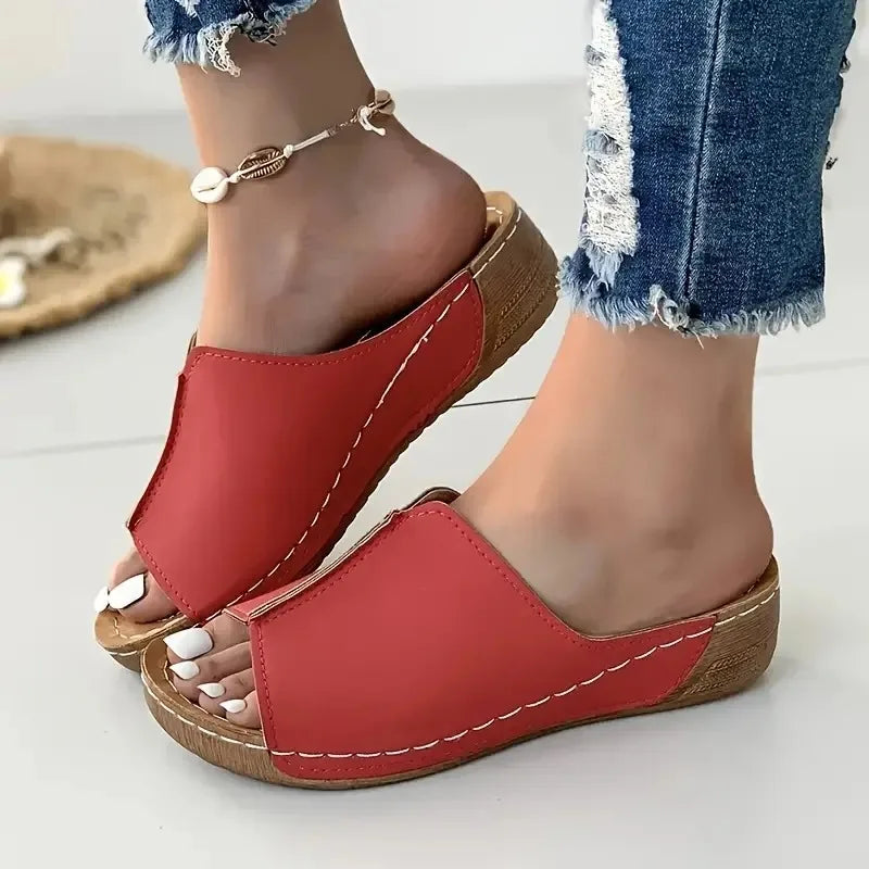 Women's red platform wedge slides with contrast stitching, casual summer footwear for all-day comfort