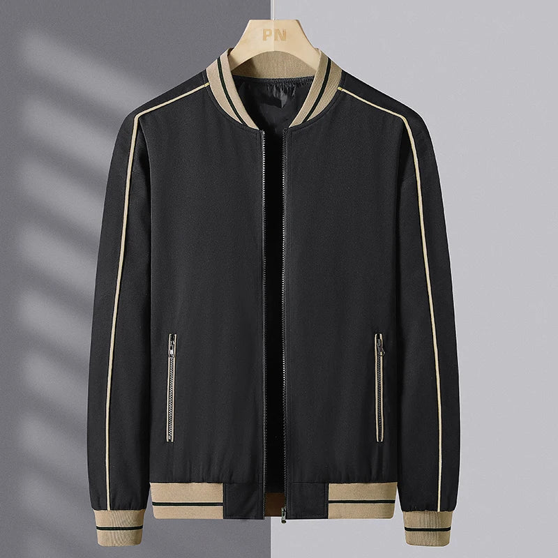 Sleek black bomber windbreaker jacket with zipper closure and weather-resistant urban explorer fit