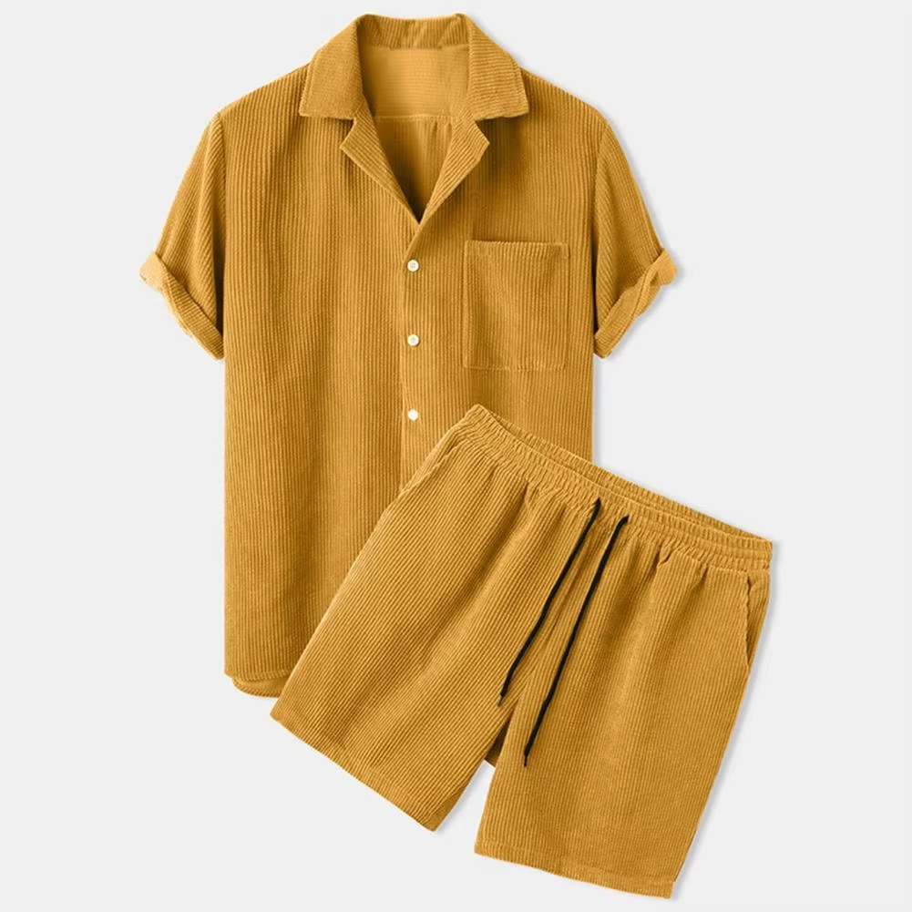 Men's light blue corduroy 2-piece set short sleeve lapel shirt matching shorts relaxed fit