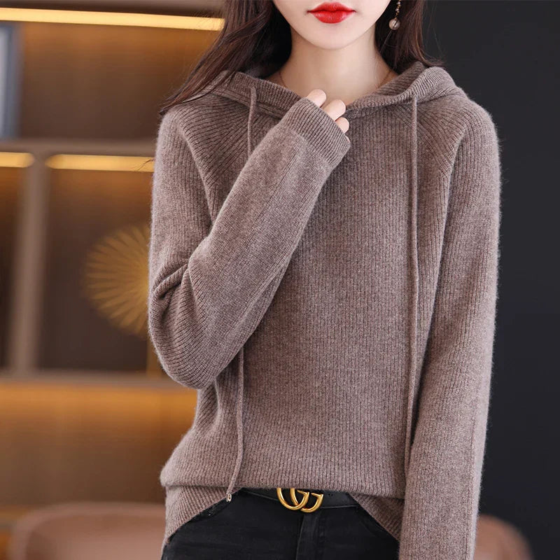 Women's slim fit merino wool hoodie in lightweight breathable fabric with silk-soft texture